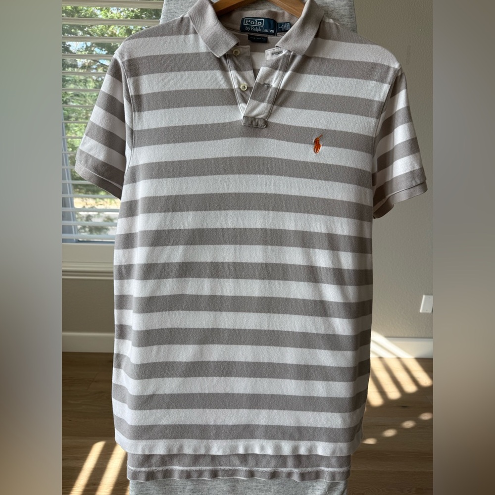 Polo Ralph Lauren Custom Fit Gray White Striped Men's Polo Shirt Size L